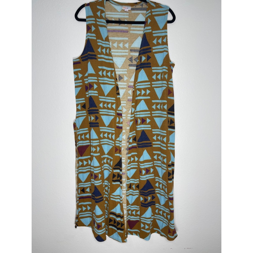 LuLaRoe Joy Vest Womens Medium Mustard Yellow Geometric Ribbed Longline Duster - Picture 3 of 8